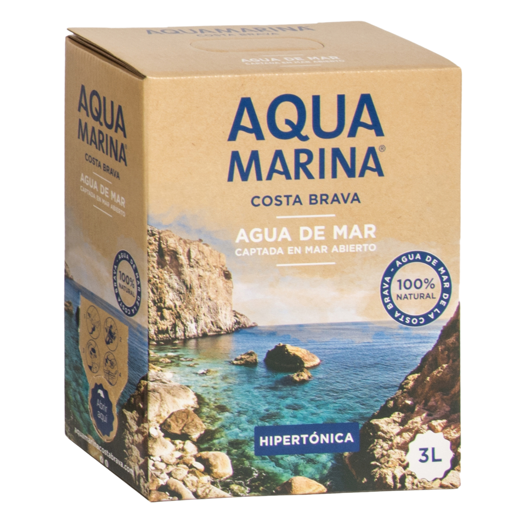 AQUAMARINA Costa Brava. Agua marina Hipertónica 3 Litros Bag In Box. Microfiltrada y sin aditivos. Contiene más de 75 minerales y oligoelementos.