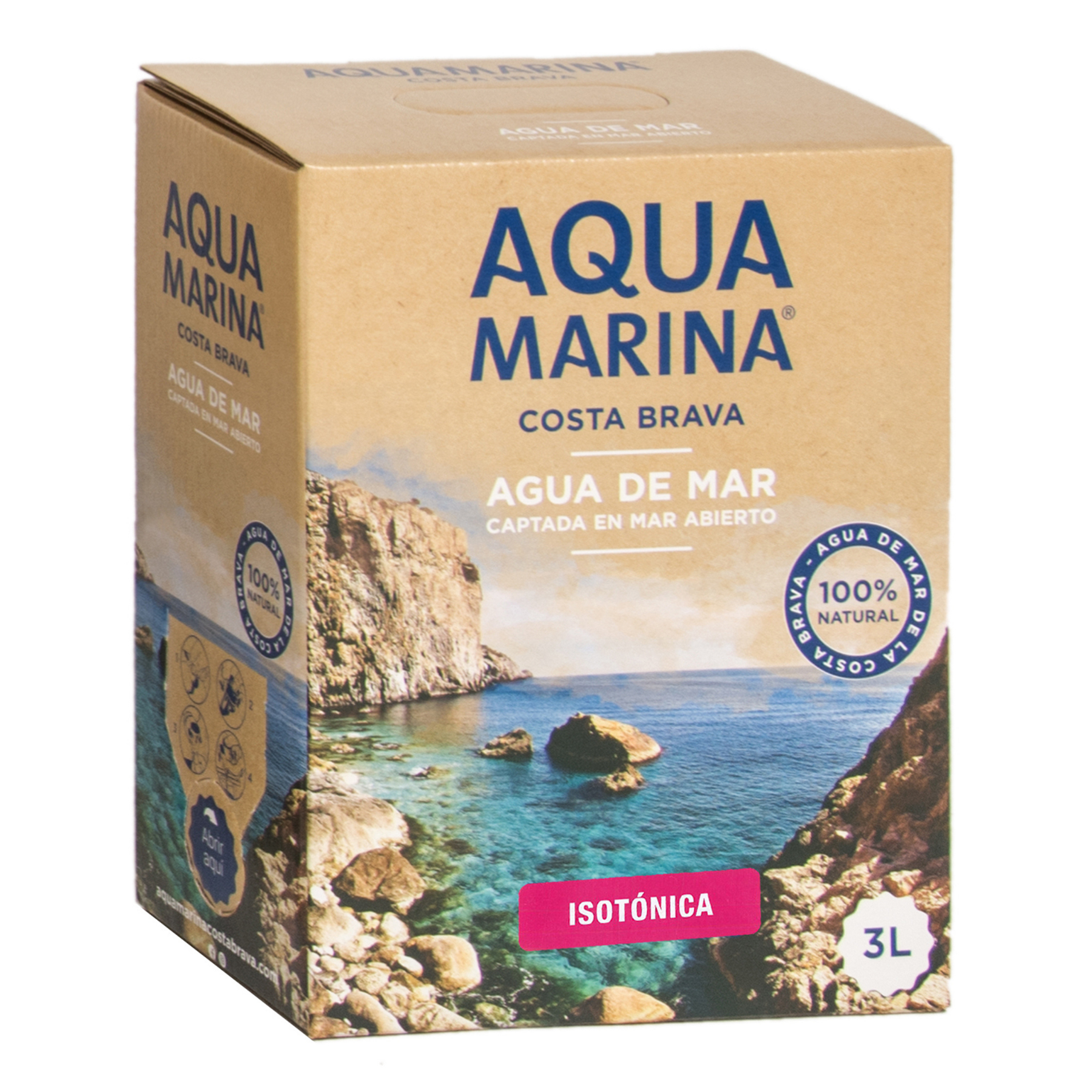 AQUAMARINA Costa Brava. Agua marina Isotónica 3 Litros Bag In Box. Microfiltrada, sin aditivos. Aporta 75 minerales y oligoelementos.