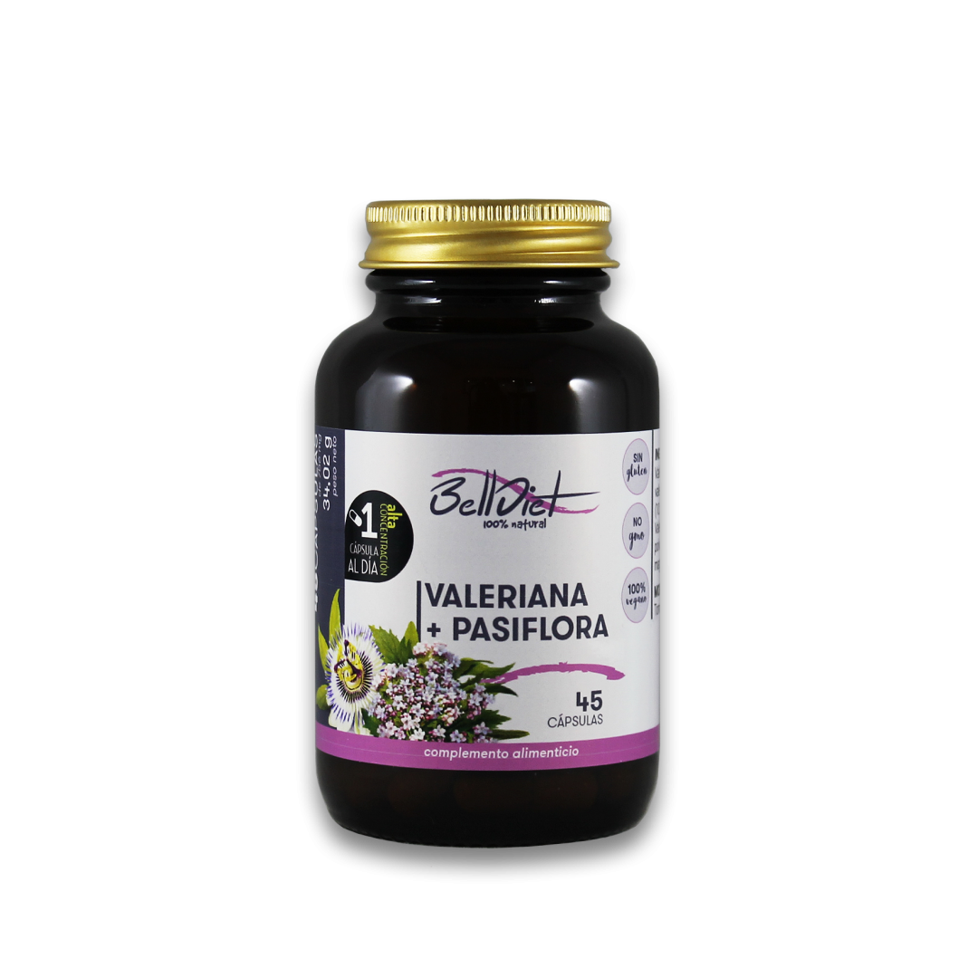 Belldiet-Valeriana-Y-Pasiflora-45-Caps-Veget-Alta-Concentración-Biopharmacia,-Parafarmacia-online